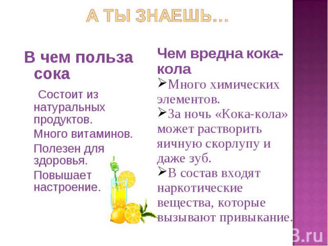 А ты знаешь…В чем польза сока Состоит из натуральных продуктов.Много витаминов.Полезен для здоровья.Повышает настроение.Чем вредна кока-колаМного химических элементов.За ночь «Кока-кола» может растворить яичную скорлупу и даже зуб.В состав входят на…