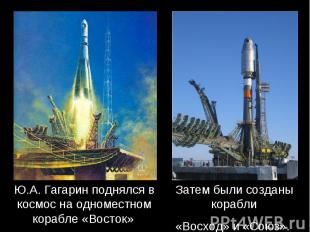 Ю.А. Гагарин поднялся в космос на одноместном корабле «Восток» Затем были создан