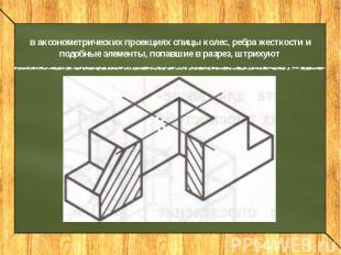 в аксонометрических проекциях спицы колес, ребра жесткости и подобные элементы,