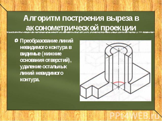 Алгоритм построения выреза в аксонометрической проекцииПреобразование линий невидимого контура в видимые (нижние основания отверстий), удаление остальных линий невидимого контура.