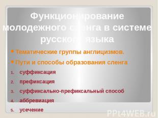 Функционирование молодежного сленга в системе русского языкаТематические группы
