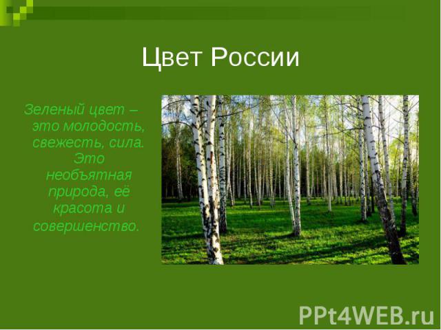 Цвет РоссииЗеленый цвет – это молодость, свежесть, сила. Это необъятная природа, её красота и совершенство.