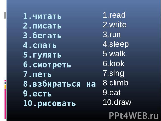 1.читать 2.писать 3.бегать 4.спать 5.гулять 6.смотреть 7.петь 8.взбираться на 9.есть 10.рисовать 1.read 2.write 3.run 4.sleep 5.walk 6.look 7.sing 8.climb 9.eat 10.draw