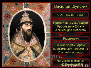Василий Шуйский1552-1606-1610-1612Прямой потомок Андрея Ярославича (брата Алекса