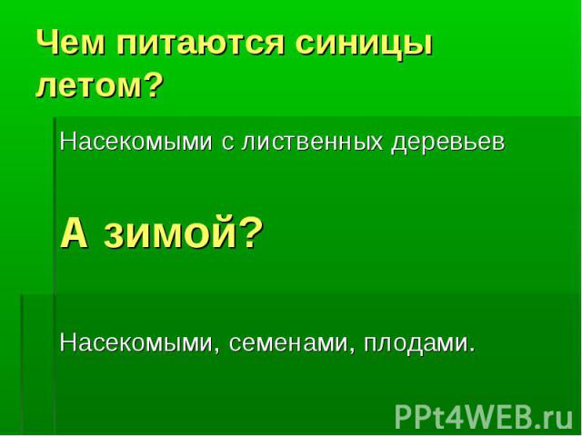 Чем питаются синицы летом?Насекомыми с лиственных деревьевА зимой?Насекомыми, семенами, плодами.