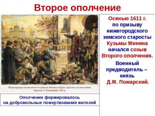 Второе ополчениеОсенью 1611 г.по призыву нижегородского земского старосты Кузьмы