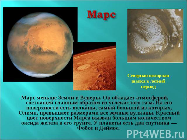 МарсСеверная полярная шапка в летний периодМарс меньше Земли и Венеры. Он обладает атмосферой, состоящей главным образом из углекислого газа. На его поверхности есть вулканы, самый большой из которых, Олимп, превышает размерами все земные вулканы. К…