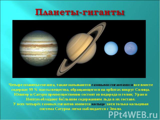 Планеты-гигантыЧетыре планеты-гиганта, также называются газовыми гигантами и все вместе содержат 99 % массы вещества, обращающегося на орбитах вокруг Солнца. Юпитер и Сатурн преимущественно состоят из водорода и гелия; Уран и Нептун обладают большим…