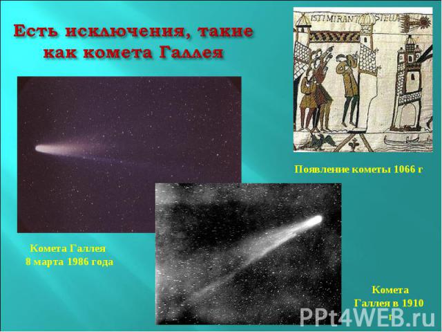 Есть исключения, такие как комета ГаллеяПоявление кометы 1066 гКомета Галлея 8 марта 1986 годаКомета Галлея в 1910 г