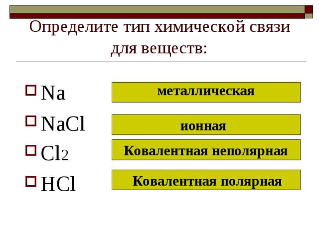 Определите тип химической связи для веществ: NaNaClCl2HCl