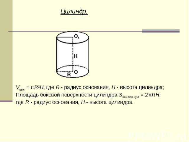 Цилиндр.Vцил = πR2H, где R - радиус основания, H - высота цилиндра;Площадь боковой поверхности цилиндра Sбок.пов.цил = 2πRH, где R - радиус основания, H - высота цилиндра.