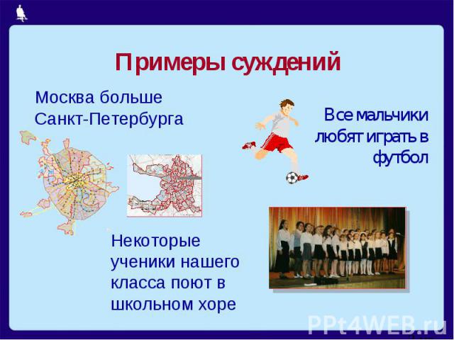 Примеры суждений Москва больше Санкт-Петербурга Все мальчики любят играть в футбол Некоторые ученики нашего класса поют в школьном хоре