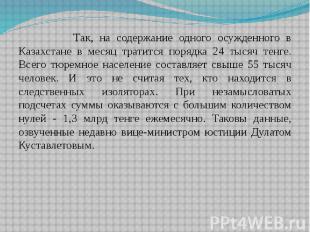 Так, на содержание одного осужденного в Казахстане в месяц тратится порядка 24 т