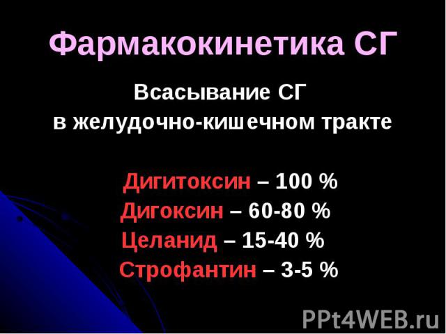 Фармакокинетика СГ Всасывание СГ в желудочно-кишечном тракте Дигитоксин – 100 % Дигоксин – 60-80 % Целанид – 15-40 % Строфантин – 3-5 %