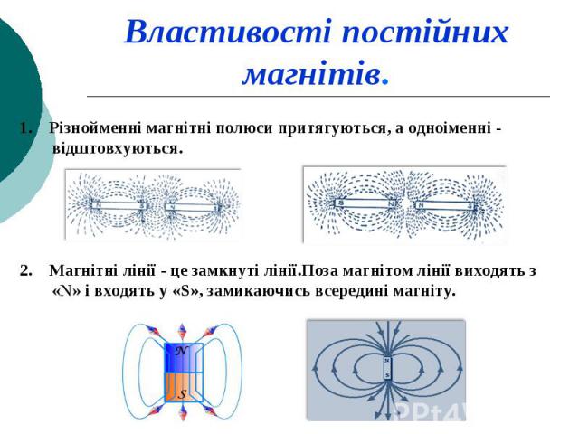 1. Різнойменні магнітні полюси притягуються, а одноіменні - відштовхуються. 1. Різнойменні магнітні полюси притягуються, а одноіменні - відштовхуються. 2. Магнітні лінії - це замкнуті лінії.Поза магнітом лінії виходять з «N» і входять у «S», замикаю…