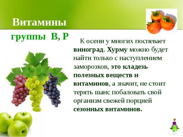 Витамины К осени у многих поспевает виноград. Хурму можно будет найти только с наступлением заморозков, это кладезь полезных веществ и витаминов, а значит, не стоит терять шанс побаловать свой организм свежей порцией сезонных витаминов.