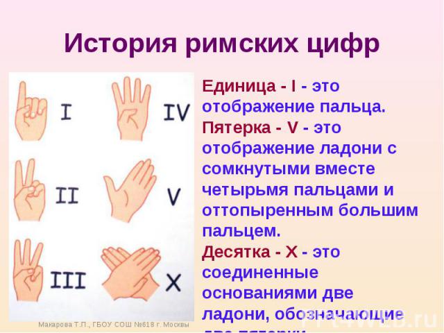 История римских цифр Единица - I - это отображение пальца. Пятерка - V - это отображение ладони с сомкнутыми вместе четырьмя пальцами и оттопыренным большим пальцем. Десятка - Х - это соединенные основаниями две ладони, обозначающие две пятерки.