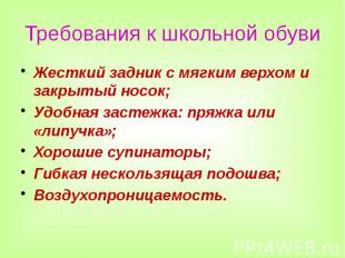 Требования к школьной обуви Жесткий задник с мягким верхом и закрытый носок; Удо