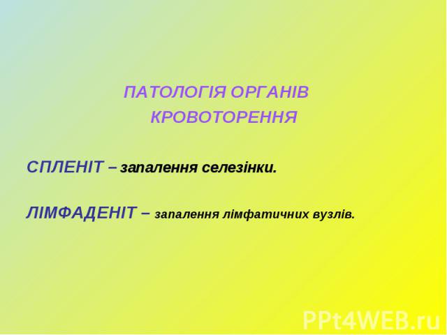 ПАТОЛОГІЯ ОРГАНІВ ПАТОЛОГІЯ ОРГАНІВ КРОВОТОРЕННЯ СПЛЕНІТ – запалення селезінки. ЛІМФАДЕНІТ – запалення лімфатичних вузлів.