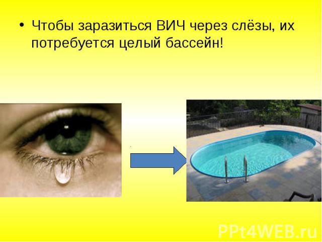 Чтобы заразиться ВИЧ через слёзы, их потребуется целый бассейн!Чтобы заразиться ВИЧ через слёзы, их потребуется целый бассейн!