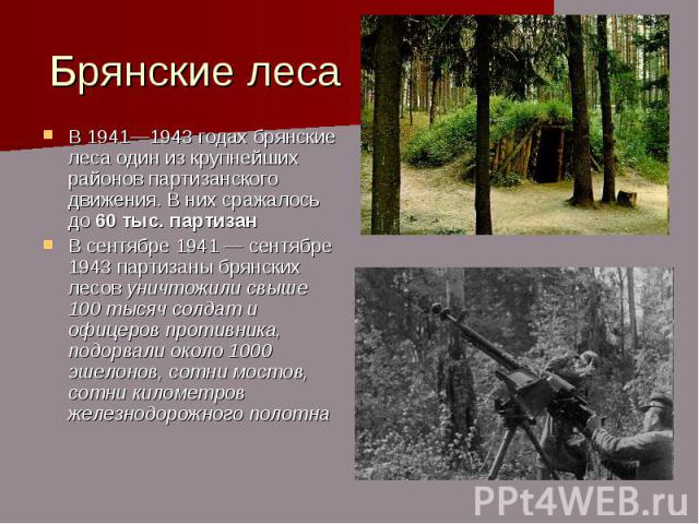 Брянские леса В 1941—1943 годах брянские леса один из крупнейших районов партизанского движения. В них сражалось до 60 тыс. партизан В сентябре 1941 — сентябре 1943 партизаны брянских лесов уничтожили свыше 100 тысяч солдат и офицеров противника, по…