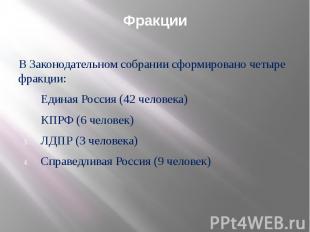 ФракцииВ Законодательном собрании сформировано четыре фракции:Единая Россия&nbsp