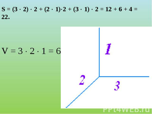 S = (3 2) 2 + (2 1)2 + (3 1) 2 = 12 + 6 + 4 = 22. V = 3 2 1 = 6.