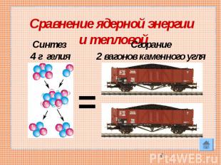 Сравнение ядерной энергии и тепловой Синтез 4 г гелия Сгорание2 вагонов каменног
