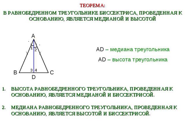 В РАВНОБЕДРЕННОМ ТРЕУГОЛЬНИКЕ БИССЕКТРИСА, ПРОВЕДЕННАЯ К ОСНОВАНИЮ, ЯВЛЯЕТСЯ МЕДИАНОЙ И ВЫСОТОЙ AD – медиана треугольника AD – высота треугольника Высота равнобедренного треугольника, проведенная к основанию, является медианой и биссектрисой.Медиана…