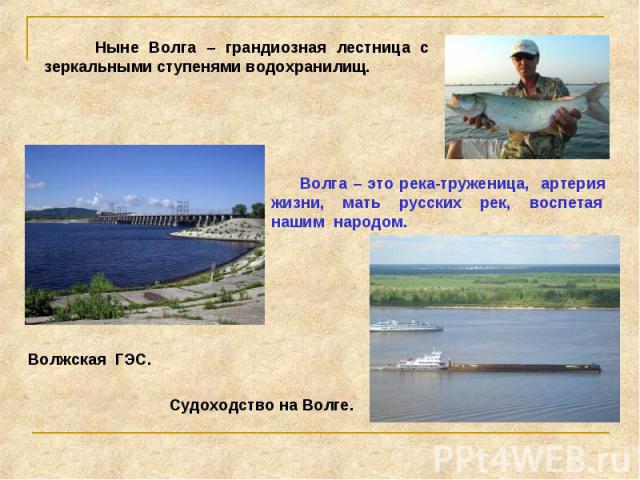 Ныне Волга – грандиозная лестница с зеркальными ступенями водохранилищ. Волга – это река-труженица, артерия жизни, мать русских рек, воспетая нашим народом. Судоходство на Волге.