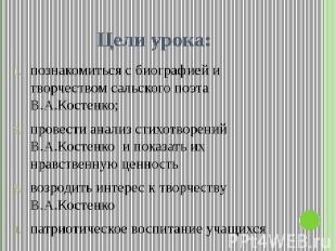 Цели урока: познакомиться с биографией и творчеством сальского поэта В.А.Костенк