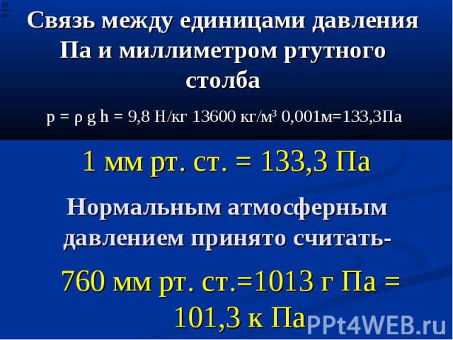 Связь между единицами давления Па и миллиметром ртутного столба p = ρ g h = 9,8 Н/кг 13600 кг/м3 0,001м=133,3Па 1 мм рт. ст. = 133,3 Па Нормальным атмосферным давлением принято считать- 760 мм рт. ст.=1013 г Па = 101,3 к Па
