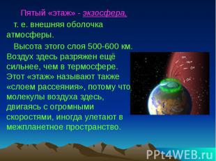 Пятый «этаж» - экзосфера, т. е. внешняя оболочка атмосферы. Высота этого слоя 50