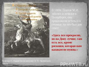 В 1809г. Платов М.И. заболел и лечился в Петербурге, ему предложили остаться в с
