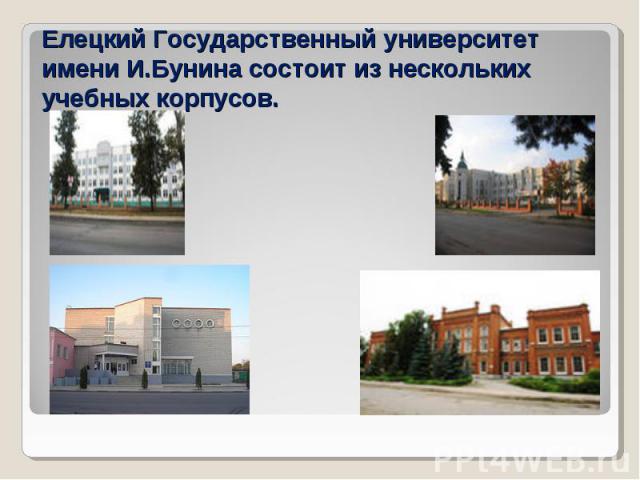 Елецкий Государственный университет имени И.Бунина состоит из нескольких учебных корпусов.