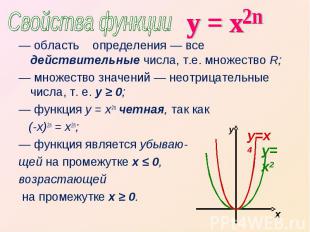 Свойства функции у = х— область определения — все действительные числа, т.е. мно
