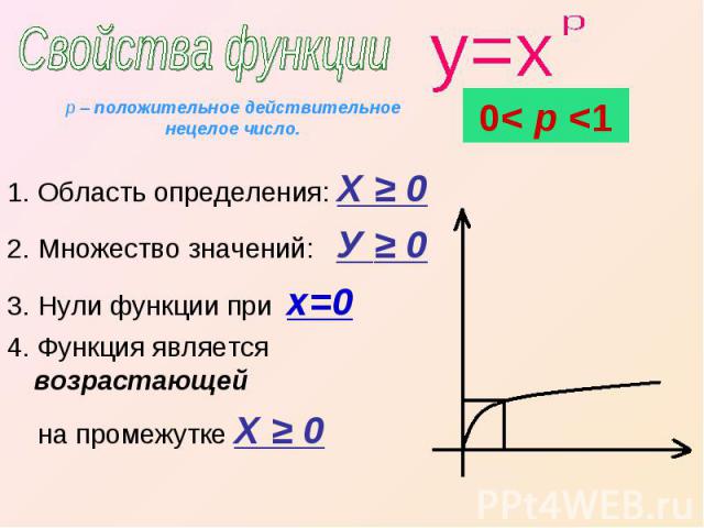 Свойства функции р – положительное действительное нецелое число. 1. Область определения: Х ≥ 02. Множество значений: У ≥ 03. Нули функции при х=04. Функция является возрастающей на промежутке X ≥ 0