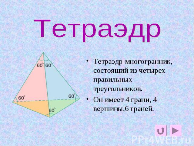 Тетраэдр Тетраэдр-многогранник, состоящий из четырех правильных треугольников.Он имеет 4 грани, 4 вершины,6 граней.