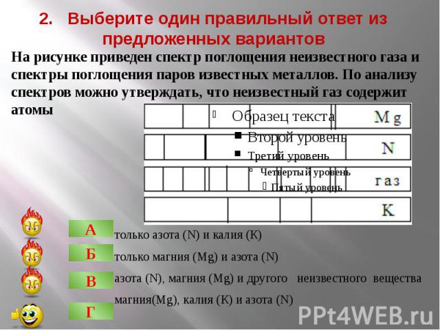 2. Выберите один правильный ответ из предложенных вариантовтолько азота (N) и калия (К)только магния (Mg) и азота (N)азота (N), магния (Mg) и другого неизвестного веществамагния(Mg), калия (К) и азота (N)