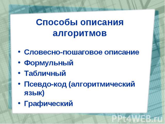 Способы описания алгоритмовСловесно-пошаговое описаниеФормульныйТабличныйПсевдо-код (алгоритмический язык)Графический