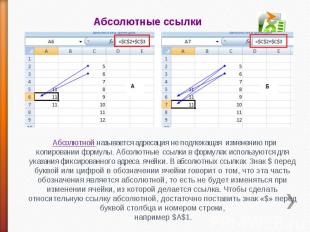 Абсолютные ссылки Абсолютной называется адресация не подлежащая изменению при ко