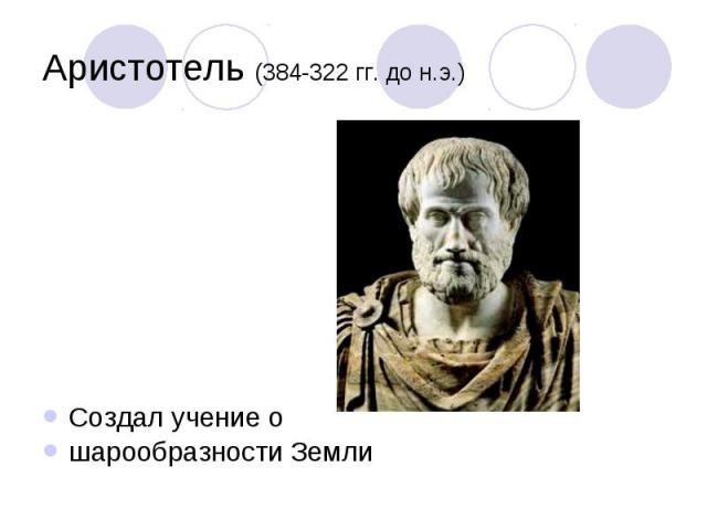 Аристотель (384-322 гг. до н.э.)Создал учение о шарообразности Земли