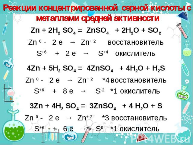 Реакции концентрированной серной кислоты с металлами средней активности Zn + 2H2 SO4 = ZnSO4 + 2H2O + SO2Zn 0 - 2 e → Zn+ 2 восстановительS+6 + 2 e → S+4 окислитель4Zn + 5H2 SO4 = 4ZnSO4 + 4H2O + H2SZn 0 - 2 e → Zn+ 2 *4 восстановитель S+6 + 8 e → S…