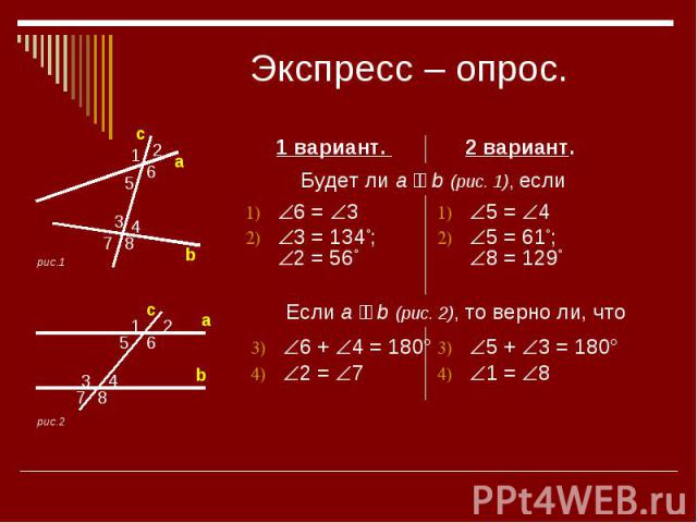 Экспресс – опрос. 1 вариант. 2 вариант. Будет ли a ׀׀ b (рис. 1), если 6 = 33 = 134°; 2 = 56° 5 = 4 5 = 61°; 8 = 129° 6 + 4 = 180°2 = 7 5 + 3 = 180°1 = 8