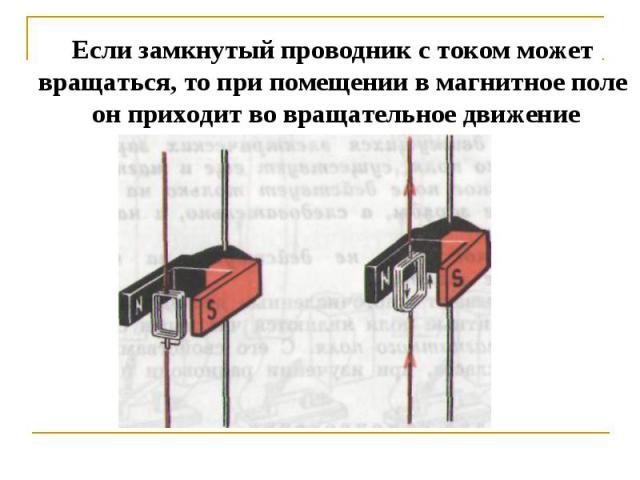 Если замкнутый проводник с током может вращаться, то при помещении в магнитное поле он приходит во вращательное движение