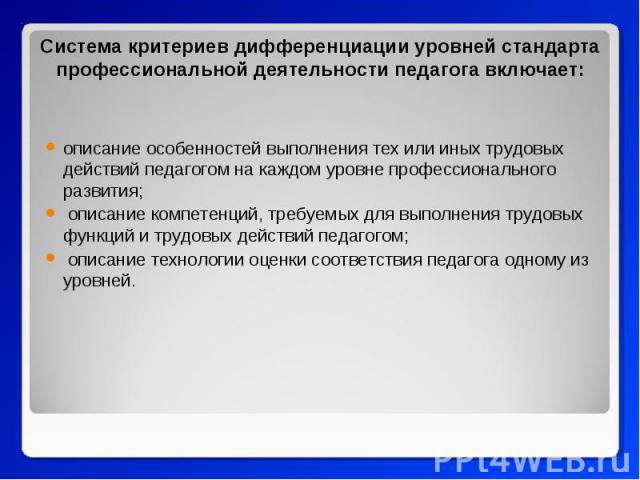 описание особенностей выполнения тех или иных трудовых действий педагогом на каждом уровне профессионального развития; описание особенностей выполнения тех или иных трудовых действий педагогом на каждом уровне профессионального развития; описание ко…