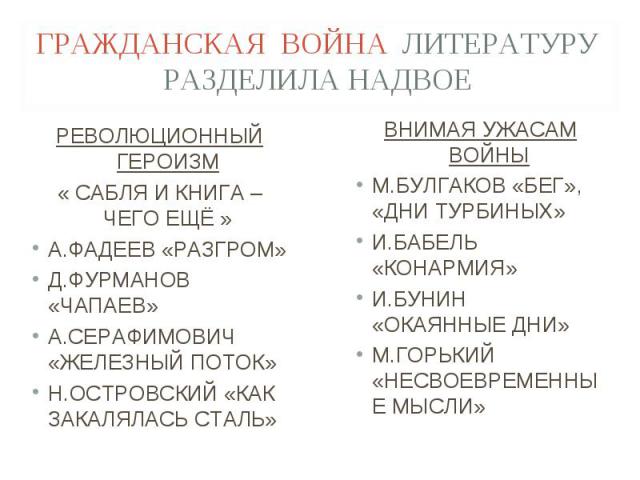 РЕВОЛЮЦИОННЫЙ ГЕРОИЗМ РЕВОЛЮЦИОННЫЙ ГЕРОИЗМ « САБЛЯ И КНИГА – ЧЕГО ЕЩЁ » А.ФАДЕЕВ «РАЗГРОМ» Д.ФУРМАНОВ «ЧАПАЕВ» А.СЕРАФИМОВИЧ «ЖЕЛЕЗНЫЙ ПОТОК» Н.ОСТРОВСКИЙ «КАК ЗАКАЛЯЛАСЬ СТАЛЬ»