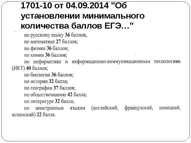 Распоряжение Рособрнадзора № 1701-10 от 04.09.2014 "Об установлении минимального количества баллов ЕГЭ…"