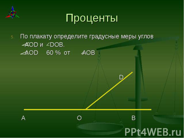 По плакату определите градусные меры углов По плакату определите градусные меры углов AOD и DOB. AOD 60 % от АОВ D A O B