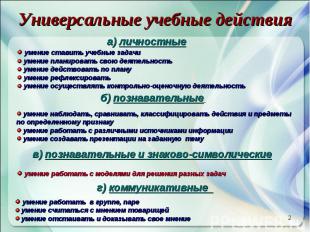 Универсальные учебные действияличностные умение ставить учебные задачи умение пл